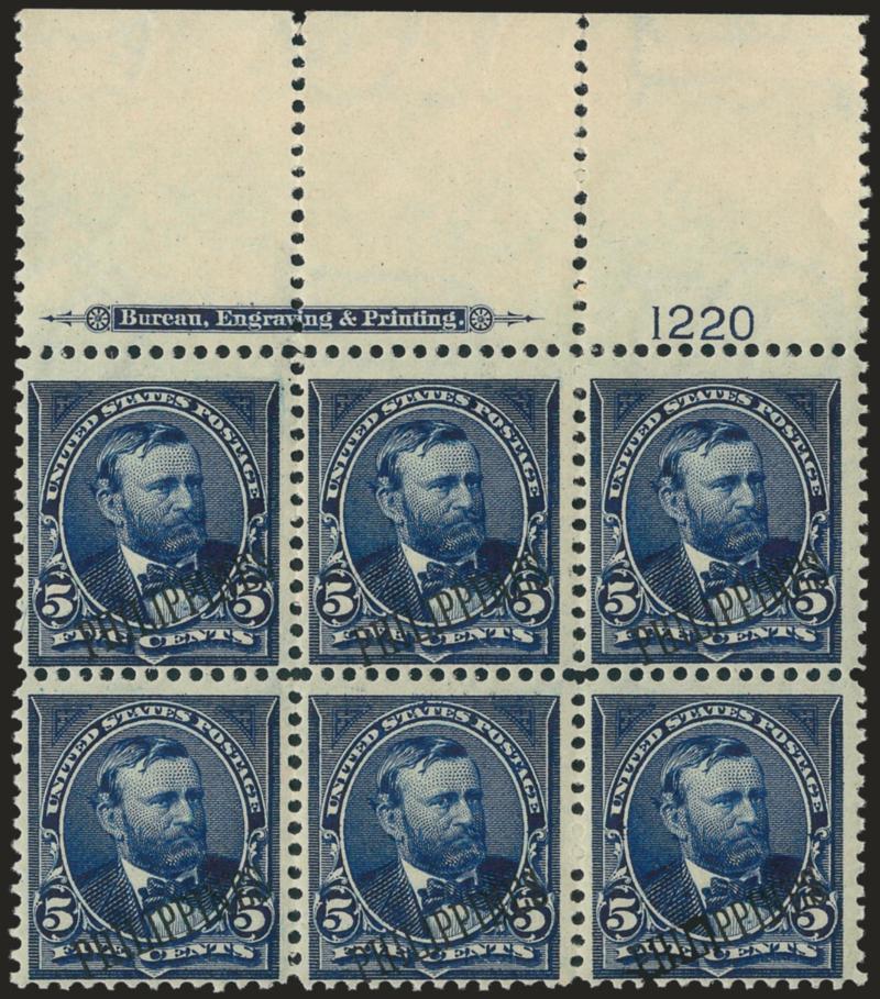 1899, 5c Blue (216).> Top imprint and plate no. 1220 block of six with wide selvage, original gum, lightly hinged, intense shade on bright paper, fresh and Fine-Very Fine, a scarce plate number