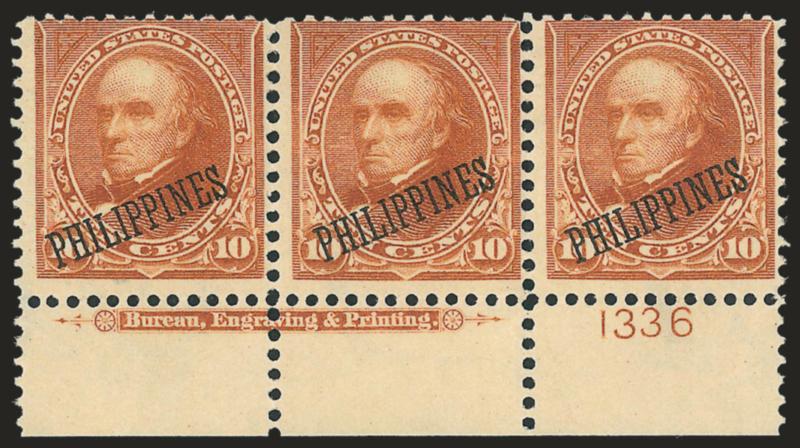 1899, 10c Orange Brown, Ty. II (217A).> Bottom imprint and plate no. 1336 strip of three, unused (no gum), nearly Fine, Scott Retail as original gum