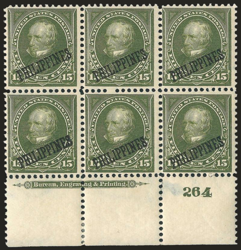1899, 15c Olive Green (218).> Bottom imprint and plate no. 264 block of six, lightly hinged, small selvage thin, Fine appearance