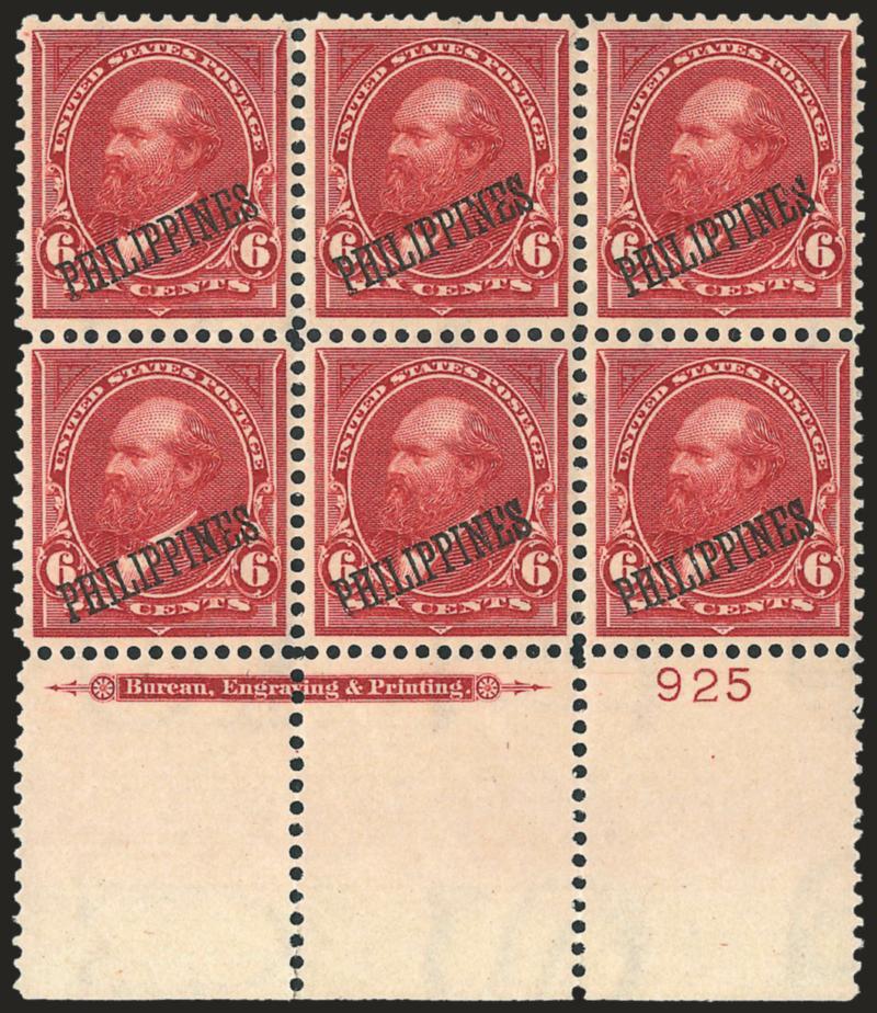 1901, 6c Lake (221).> Wide bottom imprint and plate no. 925 block of six, fresh, deep rich color and wonderfully well-centered, Extremely Fine, beautiful plate block