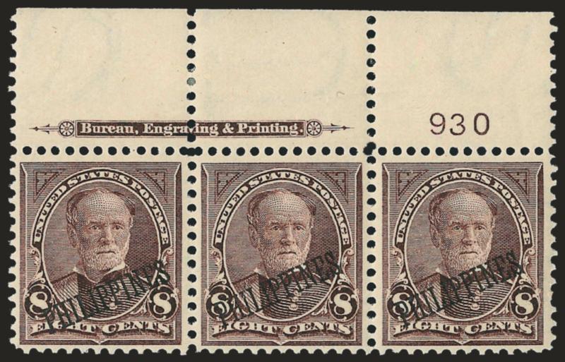 1901, 8c Violet Brown (222).> Bottom or top imprint and plate nos. 928-931 strips of three, original gum, few stamps Mint N.H., Fine-Very Fine