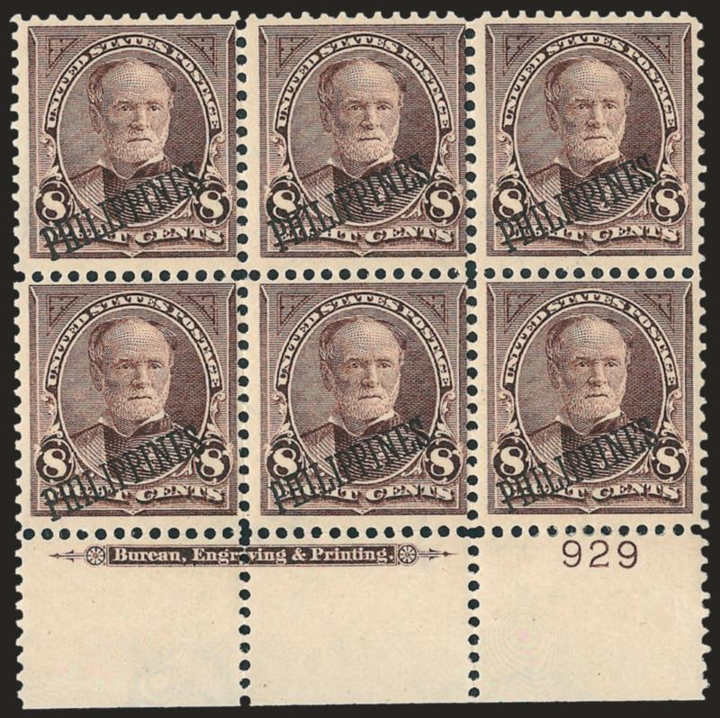 1901, 8c Violet Brown (222).> Bottom imprint and plate no. 929 block of six, tropical original gum, hinge reinforcement, Fine