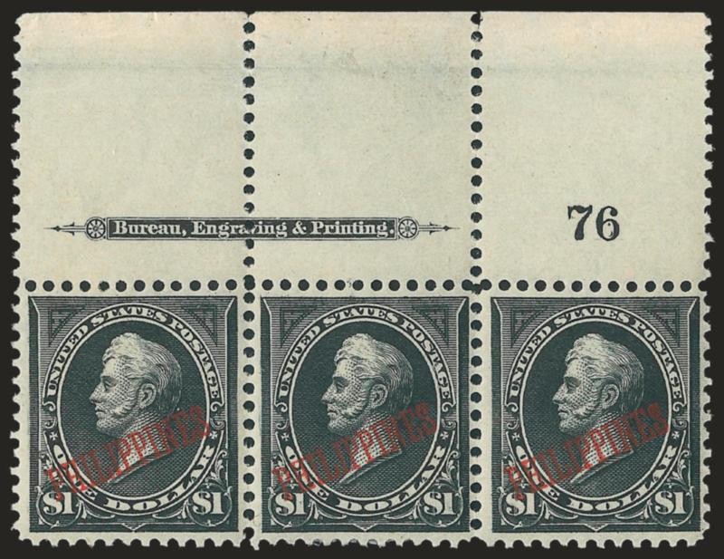 1901, $1.00 Black, Ty. I (223).> Wide top imprint and plate no. 76 strip of three, fresh, Fine-Very Fine