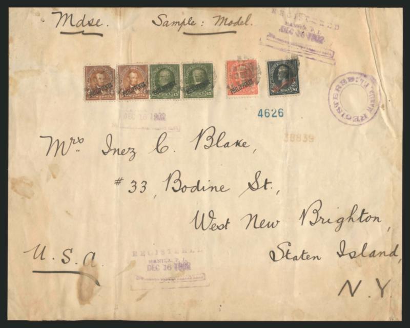 1901, $1.00 Black, Ty. II (223A).> Used with partly separated pairs of 4c and 15c and single 50c 1899-1901 Ovpts. used to pay 36 times 5c UPU Rate and 8c registry Fee on a piece of Official Stationery
(Headquarters Division Of The Philippines. Offic