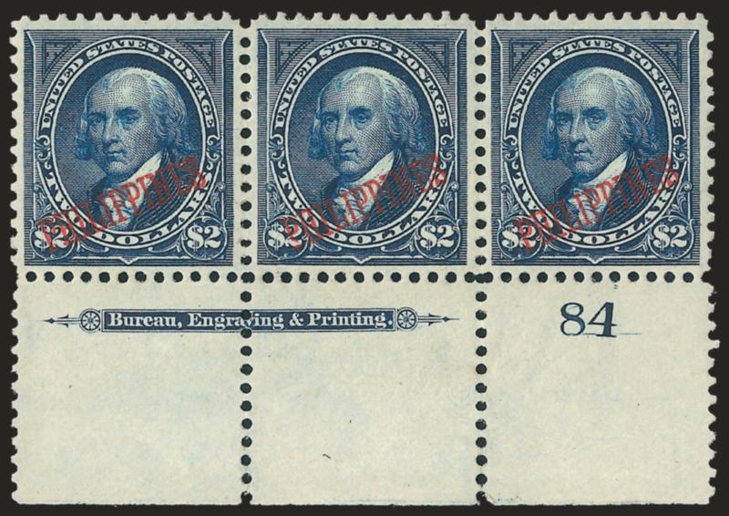 1901, $2.00 Dark Blue (224).> Wide bottom imprint and plate no. 84 strip of three, beautiful color and centering<><>^EXTREMELY FINE. WITHOUT QUESTION ONE OF THE FINEST IMPRINT AND PLATE NUMBER STRIPS KNOWN OF
THE PHILIPPINES $2.00 1901 OVERPRINTED