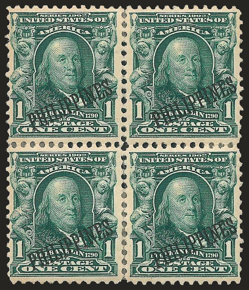 1907, 1c Blue Green, Bureau of Insular Affairs Special Printing (226SP).> Block of four, h.r. where some perf separations sensibly reinforced, rich color<><>^VERY FINE. A RARE BLOCK OF THE ONE-CENT 1907 SPECIAL
PRINTING PREPARED FOR THE BUREAU OF I