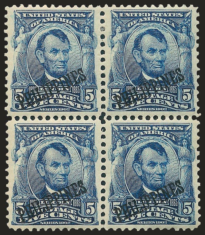 1907, 5c Blue, Bureau of Insular Affairs Special Printing (230SP).> Block of four, bottom pair Mint N.H., nearly perfect centering, brilliant color, bottom right stamp vertical natural gum wrinkle noted on
accompanying certificate as a vertical creas