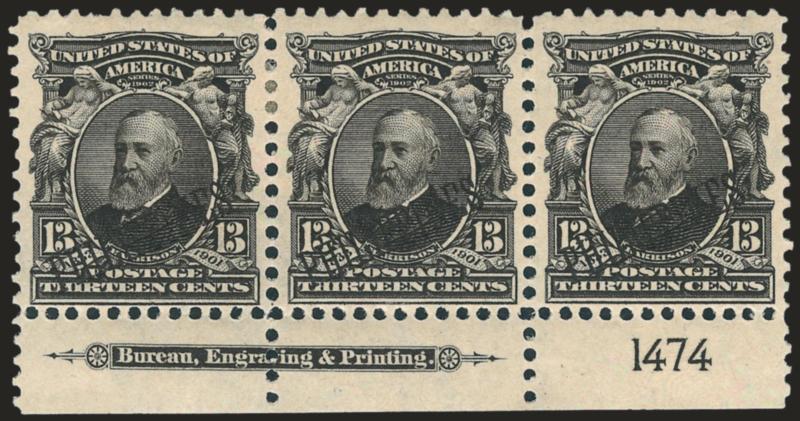 1904, 13c Purple Black, St. Louis Special Printing (234SP).> Bottom imprint and plate no. 1474 strip of three, intense color on bright paper<><>^FINE. THIS IMPRINT AND PLATE NUMBER STRIP OF THE 13-CENT 1904 ST.
LOUIS SPECIAL PRINTING IS LIKELY UNIQ
