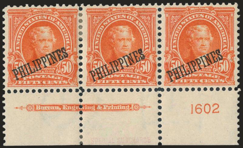 1904, 50c Orange, St. Louis Special Printing (236SP).> Bottom imprint and plate no. 1602 strip of three, h.r., vibrant color<><>^VERY FINE AND CHOICE. THIS IMPRINT AND PLATE NUMBER STRIP OF THREE OF THE 50-CENT
1904 ST. LOUIS SPECIAL PRINTING IS LI