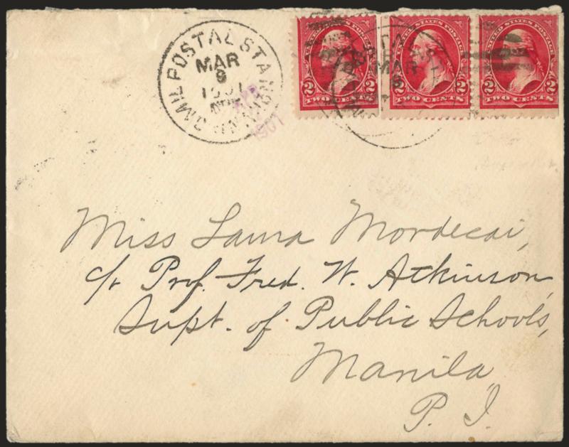 2c Orange Red, Ty. IV, Booklet (279Be var).> Horizontal pair and single from a booklet pane, tied by Mil. Postal Sta. No. 1, China, Mar. 9, 1901 duplex datestamp on cover <to Manila, Philippines,> receiving
backstamp, stamps creased prior to use, o