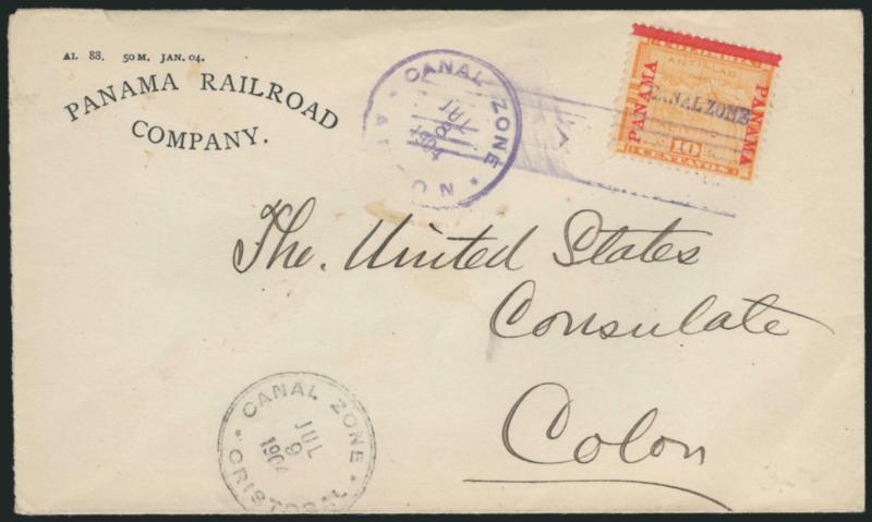 1904, 10c Yellow (3).> Bright color, tied by purple Canal Zone, Ancon, Jul. 8, 1904 double-line circular datestamp and bars cancel on cover to U.S. Consul in Colon, with Panama Railroad Company corner card,
receiving datestamp, fresh and Very Fin