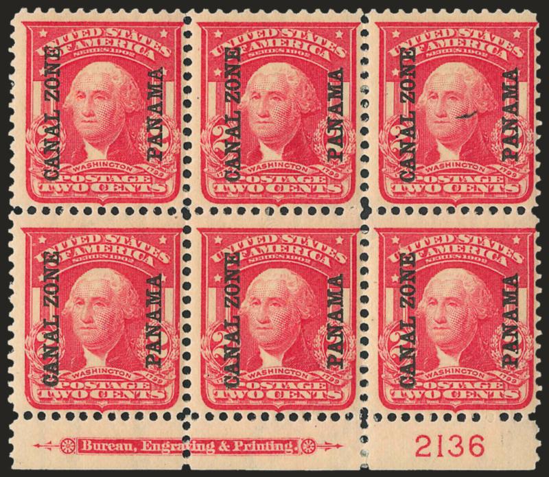 1904, 2c Carmine (5).> Bottom imprint and plate no. 2136 block of six, small selvage reinforcements, Fine