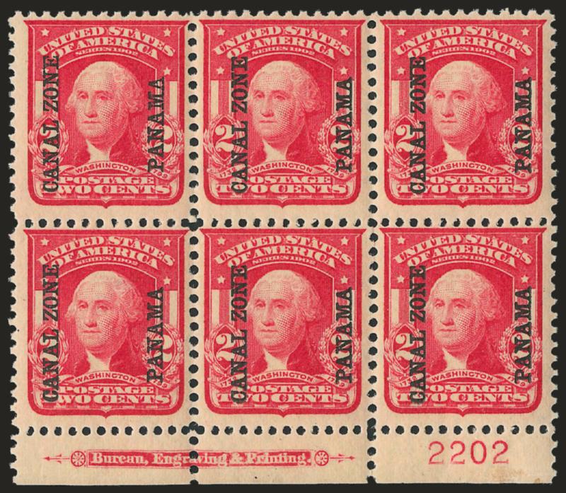 1904, 2c Carmine (5).> Bottom imprint and plate no. 2202 block of six, stamps Mint N.H., tiny thin in selvage, otherwise Fine-Very Fine