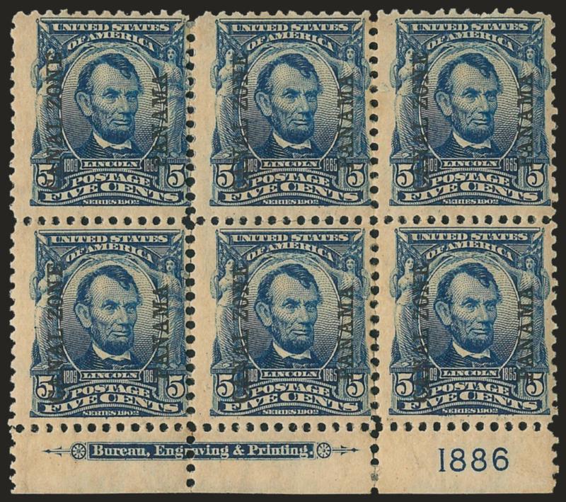 1904, 5c Blue (6).> Bottom imprint and plate no. 1886 block of six, disturbed tropical original gum, some rejoining and single short perf., otherwise Very Good-Fine