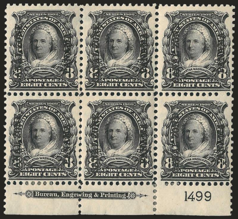 1904, 8c Violet Black (7).> Bottom imprint and plate no. 1499 block of six, slight tropical original gum, first column of perfs a bit weak, Fine-Very Fine, a scarce plate block in any condition