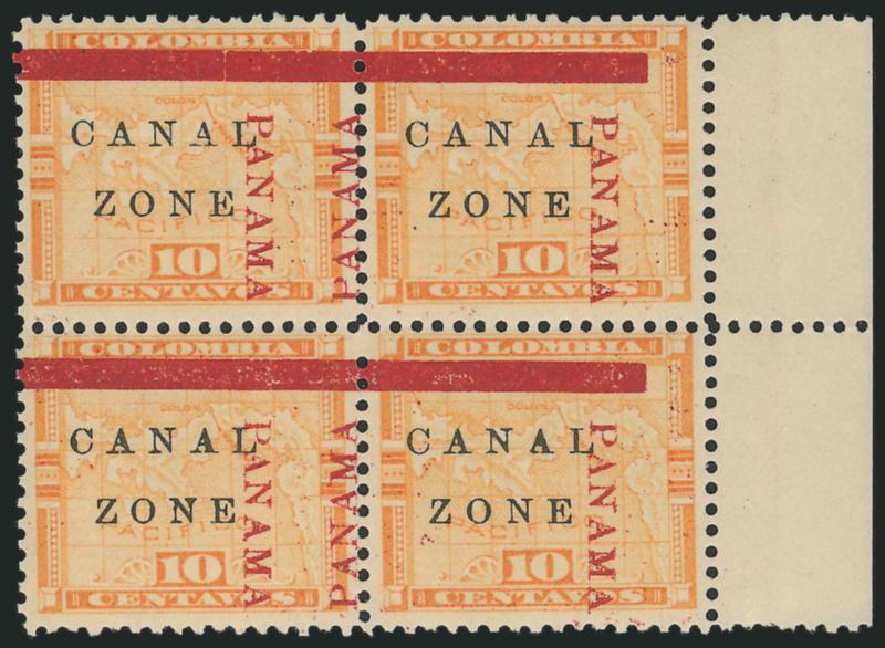 1904, 10c Yellow (13).> Right selvage block of four, lightly hinged, <overprint shifted> so that left stamp has two overprints at right and right stamps have only single overprint, fresh and Very Fine, unusual
variety, with 1988 P.F. certificate