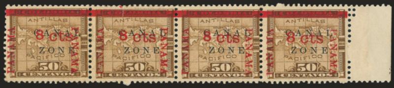 1904, 8c on 50c Bister, Two Different Size 8s in Surcharge (14, 14 var).> Horizontal strip of four with right selvage, tropical original gum, right stamp with unmistakably larger 8 in surcharge as opposed to the
other three stamps, Fine-Very Fine