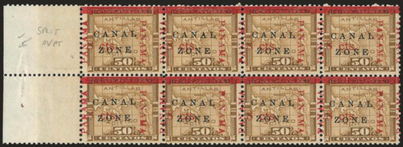 1906, 8c on 50c Bister Brown, Panama Reading Up and Down (20).> Horizontal block of eight with left selvage, light tropical original gum, <split Panama Ovpt. with 8 cts surcharge shifted to extreme left,>
Fine-Very Fine, interesting variety and