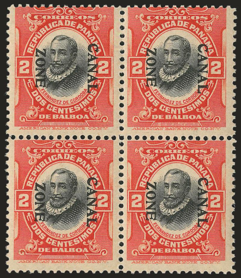 1918, 2c Vermilion & Black, Ovpt. Reading Down (53a).> Block of four, slight tropical original gum, bright color, Fine