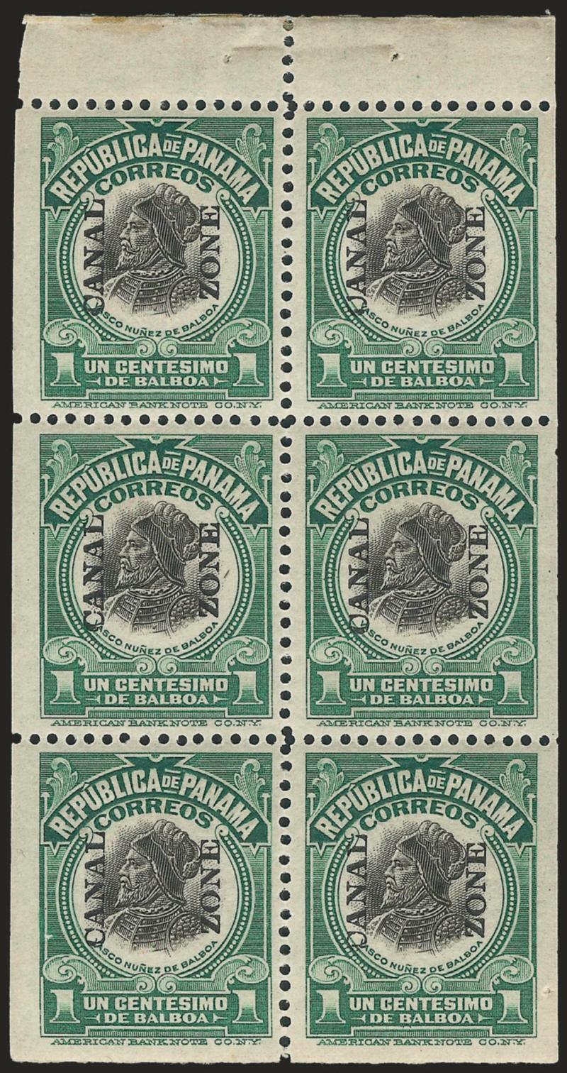 1920, 1c Light Green & Black, Booklet Pane of Six (55e).> Mint N.H., remarkably choice centering with strong perforations, tiny dimple in bottom right margin of no consequence, Very Fine-Extremely Fine, a
beautiful pane in the highest quality attai