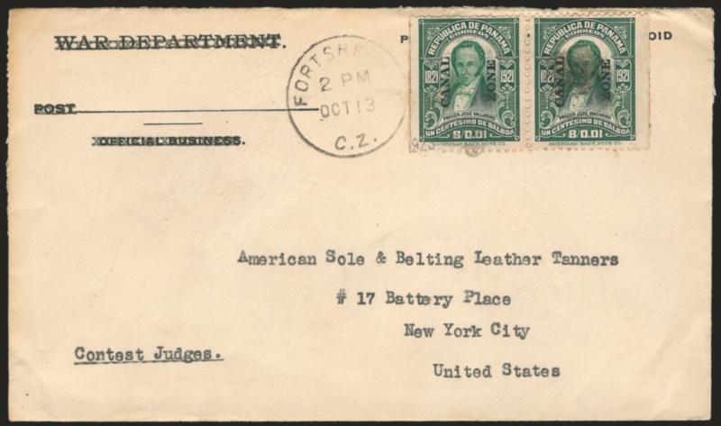 1921, 1c Green, Pair From Booklet Pane of Six (60b).> Tied by light cork and Fort Sherman Oct 13 1923 circular datestamp on War Dept. corner card cover to the American Sole & Belting Leather Tanners in New York
City, the corner card deleted with