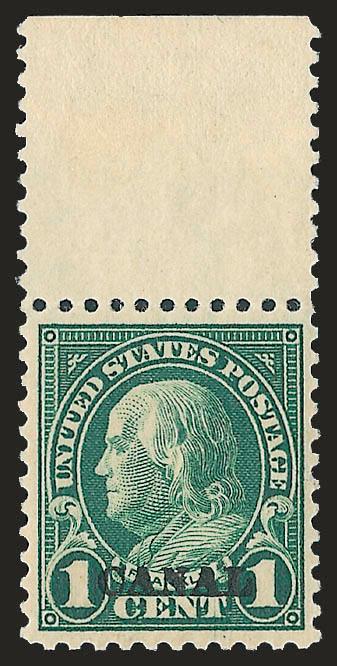 1924, 1c Deep Green, Canal Only (71c).> Mint N.H. with wide top selvage, deep rich color on bright paper, Very Fine and choice, scarce, only 20 are recorded, this variety was created when the sheet was shifted
downwards during overprinting, 180 sta