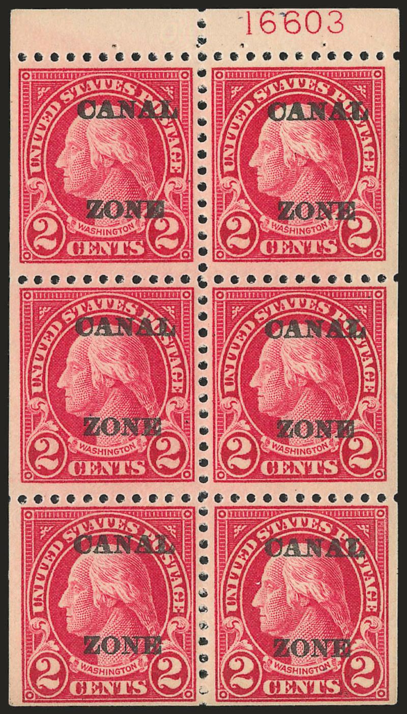 1924, 2c Carmine, Ty. A Ovpt., First Printing, Booklet Pane of Six (73a).> Three panes, <each with plate no.,> incl. nos. 15790, 15792 and 16603, two with tropicalized original gum, Fine-Very Fine, scarce,
<Durland prices these at $600.00 apiece,>