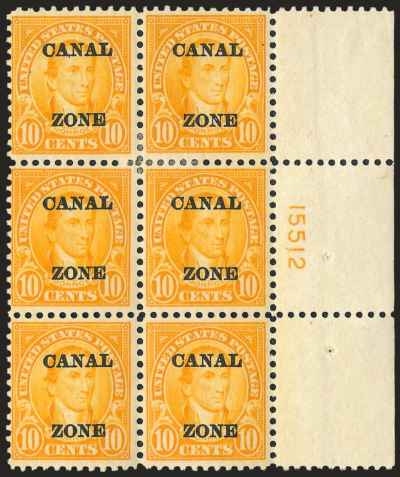 1924, 10c Orange, Ty. A Ovpt. (75).> Wide right plate no. 15512 block of six, h.r., Fine