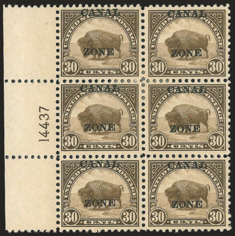 1924, 30c Olive Brown, Ty. A Ovpt. (79).> Left plate no. 14437 block of six, Fine-Very Fine