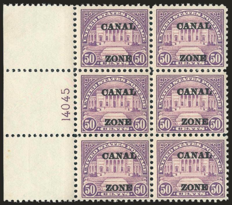 1924, 50c Lilac, Ty. A Ovpt. (80).> Mint N.H. wide left plate no. 14045 block of six, fresh and bright, attractive centered<><>^VERY FINE. A REMARKABLY CHOICE PLATE BLOCK OF THE CANAL ZONE 50-CENT LILAC IN MINT
NEVER-HINGED POST-OFFICE FRESH COND