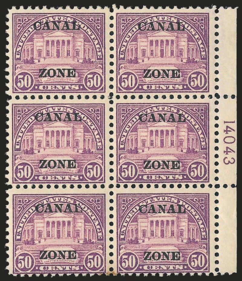 1924, 50c Lilac, Ty. A Ovpt. (80).> Mint N.H. right plate no. 14043 block of six, bright color, reduced selvage, tiny margin stain at extreme bottom, otherwise Fine-Very Fine