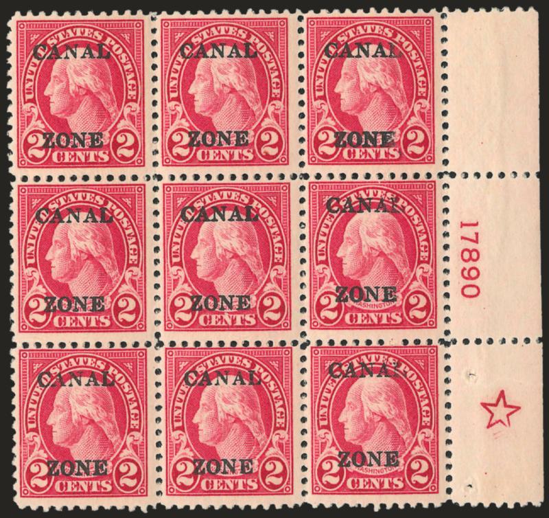 1925, 2c Carmine, Ty. B Ovpt. (84).> Right 5-point star and plate no. 17890 block of nine, Fine-Very Fine