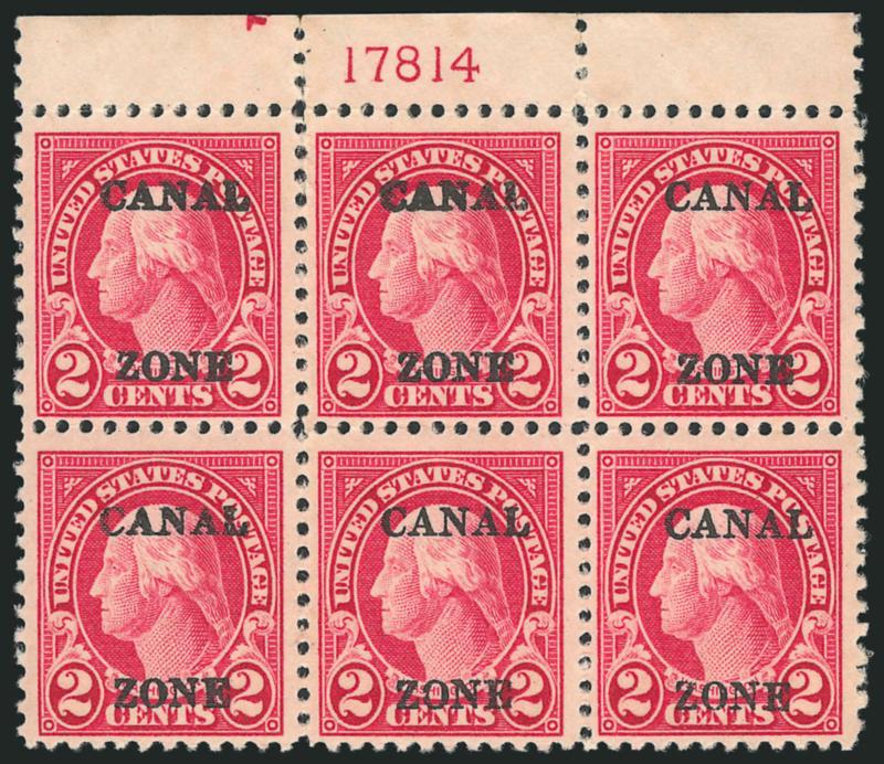 1925, 2c Carmine, Ty. B Ovpt. (84).> Three top plate no. blocks of six, different nos., one small reinforcement, Fine-Very Fine