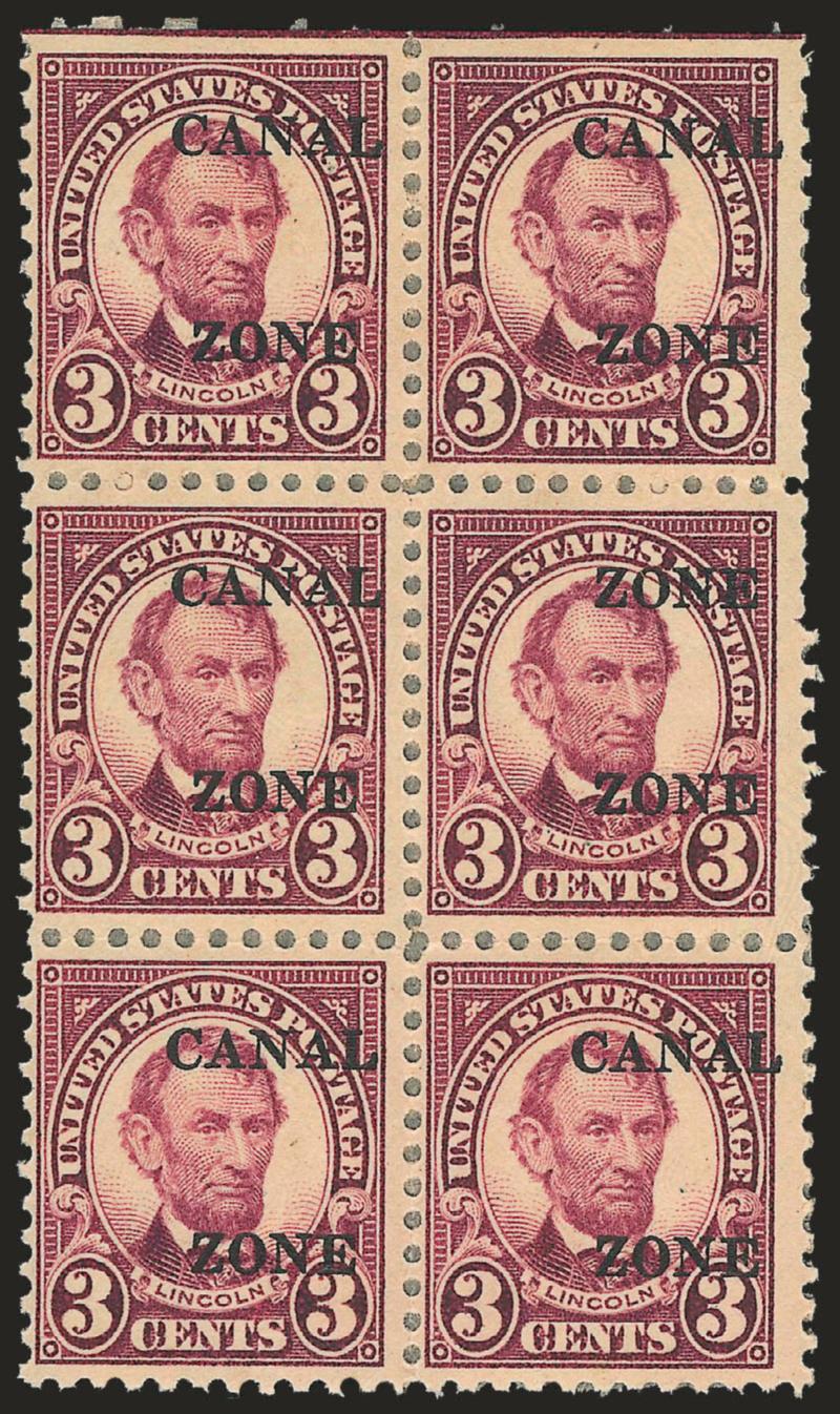 1925, 3c Violet, Ty. B Ovpt., Zone Zone Error (85a).> Vertical block of six, natural s.e. at top, the error pos. 4, tropical original gum with interleaving adhering, mild toning, otherwise Fine