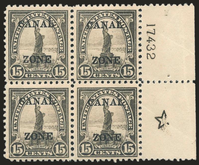 1925, 15c Gray, Ty. B Ovpt. (90).> Block of four with <right plate number 17432 and five point star,> natural flat plate creases (a bit heavy), otherwise Fine-Very Fine, <only four blocks of four with plate no.
and star are recorded> (two each from