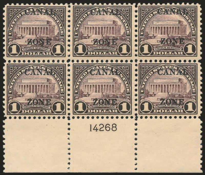 1925, $1.00 Violet Brown, Ty. B Ovpt. (95).> Wide bottom plate no. 14268 block of six, Fine-Very Fine and very scarce