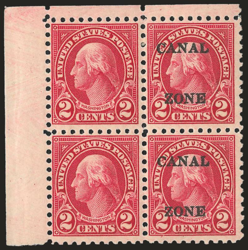 1925, 2c Carmine, Pair, One Without Ovpt. (97a).> Block of four with top left corner selvage, both left stamps missing overprint, lightly hinged, deep rich color, centering is typical for this variety<><>^VERY
FINE AND CHOICE. ONLY TEN EXAMPLES OF