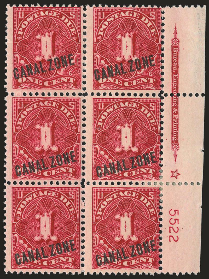 1914, 1c Rose Carmine, Postage Due (J1).> Right imprint, star and plate no. 5522 block of six, typical tropical original gum, small selvage hinge reinforcement and selvage a bit irregularly reduced (can easily
be straightened), Very Good-Fine