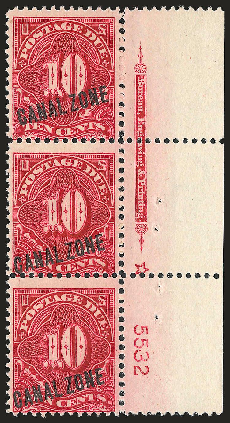 1914, 10c Rose Carmine, Postage Due (J3).> Right imprint, star and plate no. 5532 strip of three, fresh, slight tropical original gum, about Fine, scarce piece, Scott Retail as three hinged singles