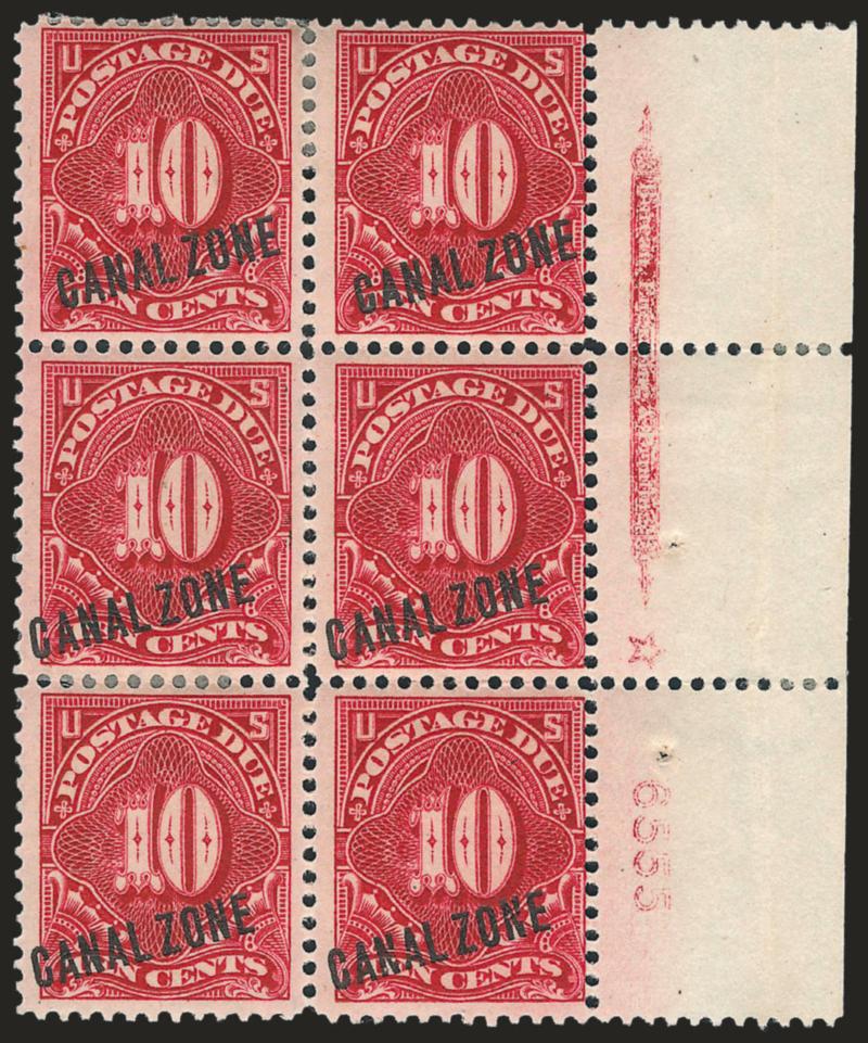 1914, 10c Rose Carmine, Postage Due (J3).> Right imprint, star and plate no. 6555 block of six, tropicalized original gum with some interleaving adhering at top, rich color, slightly dry print in plate no.,
light vertical crease at far right edge of