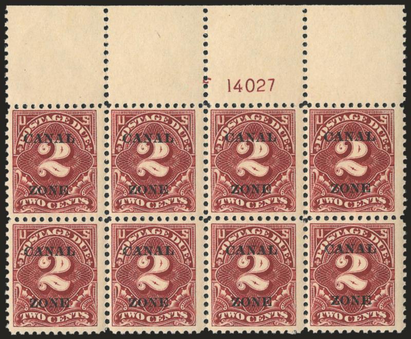 1924, 2c Deep Claret, Postage Due (J13).> Top plate no. 14027 block of eight, very slight tropical original gum, Fine-Very Fine