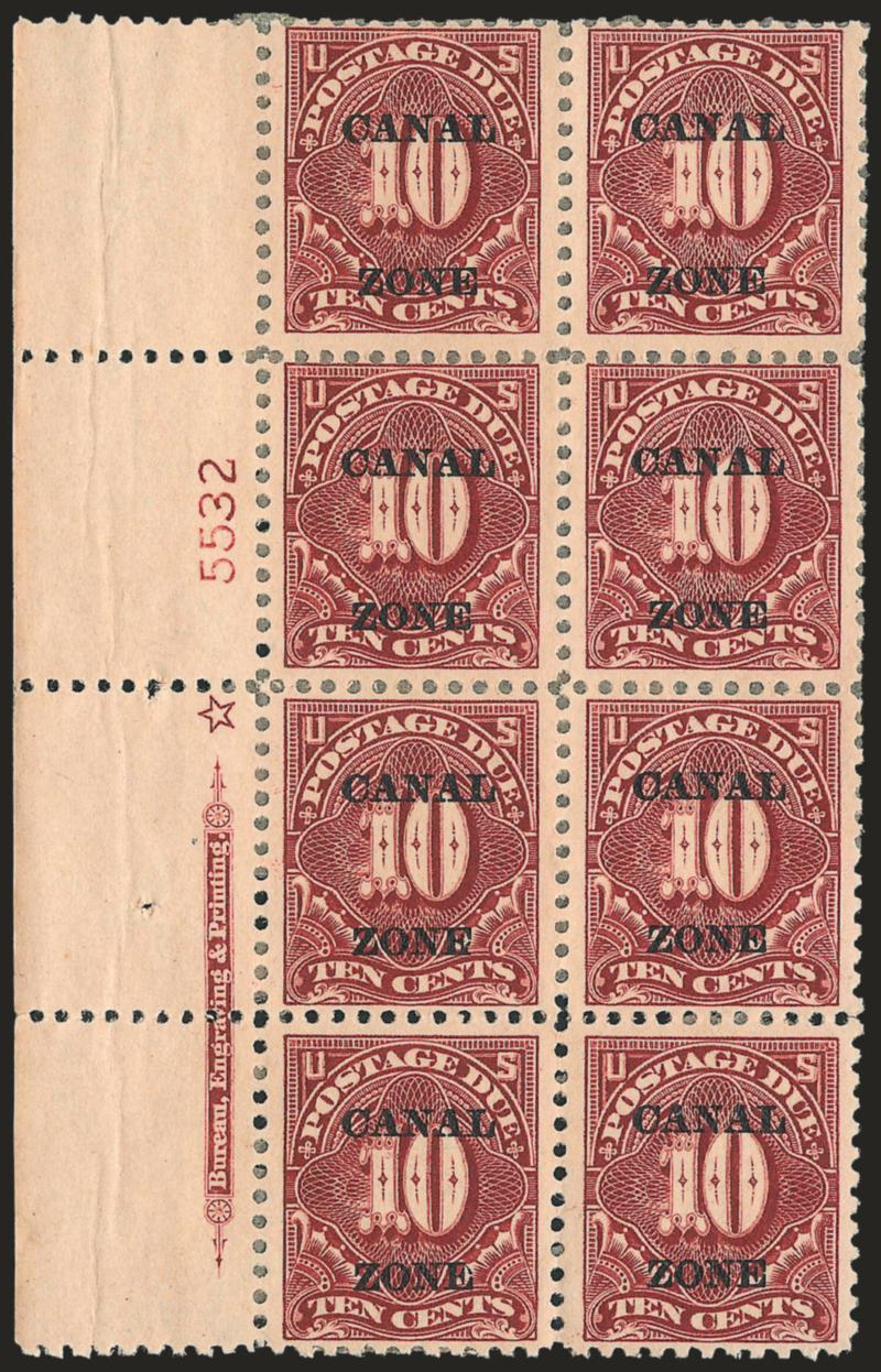 1924, 10c Deep Claret, Postage Due (J14).> Left imprint, star and plate no. 5532 block of eight with narrower spacing of overprint (see next lot), adhering to interleaving, deep rich color, selvage
wrinkles<><>^FINE. A SCARCE PLATE BLOCK OF THE 192