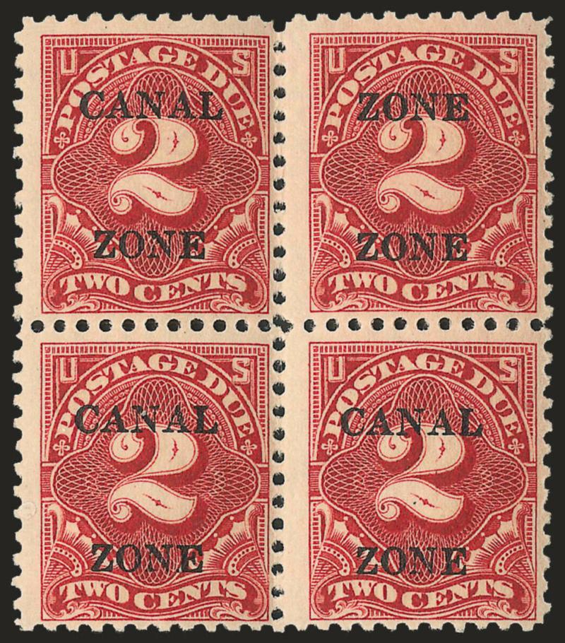 1925, 2c Carmine Rose, Postage Due, Zone Zone Ovpt. (J19a).> Block of four with three normal stamps, top right stamp the error, very slight tropical original gum, Fine and very scarce