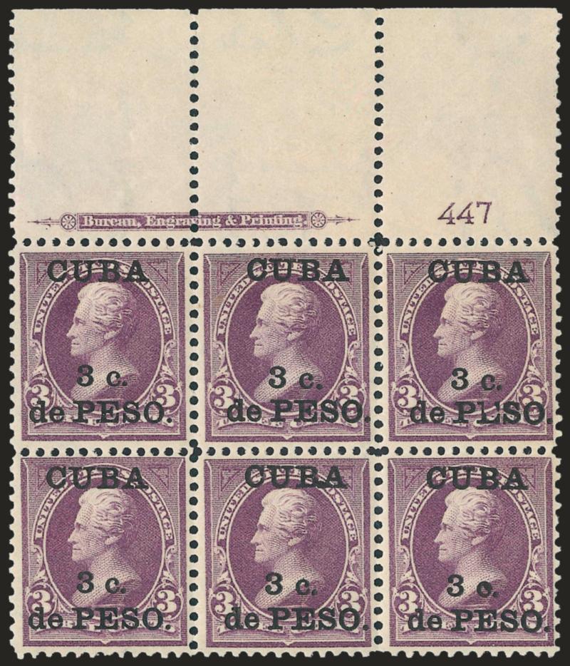 1899, 3c on 3c Purple, Period Between B and A of Cuba (224, 224a).> Huge top imprint and plate no. 447 block of six, original gum, five stamps Mint N.H., the error occurs in pos, 5, additionally there is a
broken E in Peso on pos. 3, minor th