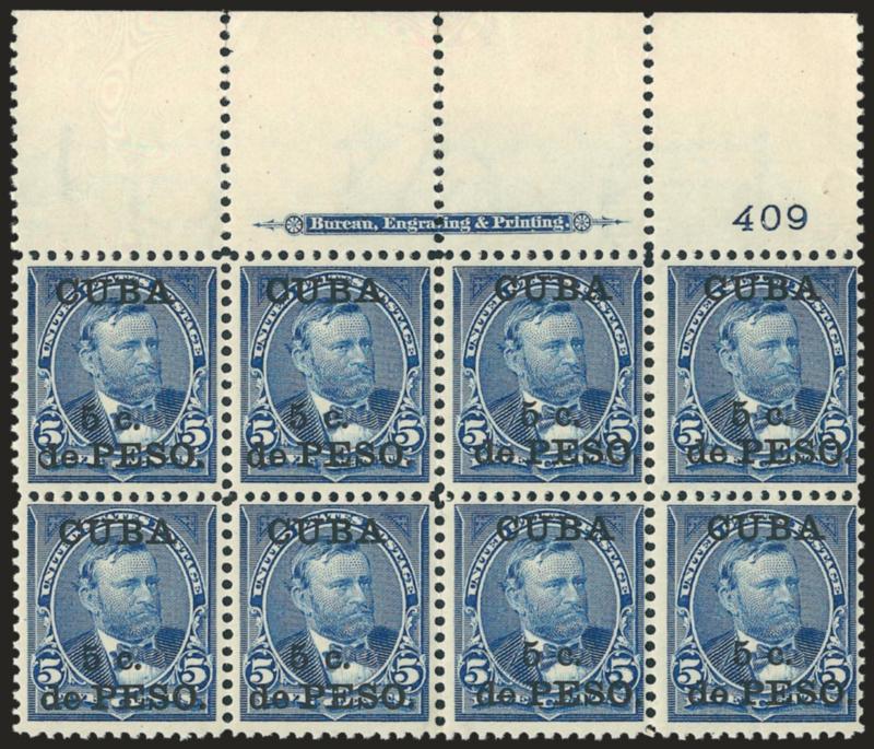 1899, 5c on 5c Blue (225).> Mint N.H. wide top imprint and plate no. 409 block of eight, extraordinarily fresh and Fine-Very Fine, Scott Retail as hinged