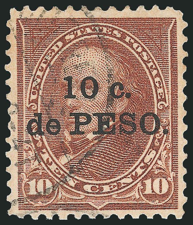 1899, 10c on 10c Brown, Ty. I, Cuba Omitted (226b).> Bright shade, light strike of circular datestamp leaves overprint (or lack thereof) clearly visible, diagonal crease ending in a tiny tear at top
left<><>^VERY FINE APPEARANCE. AN EXTREMELY RAR