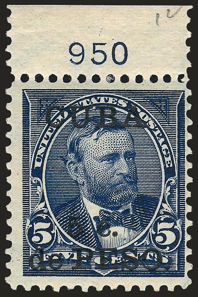 1900, 5c on 5c Blue, Special Printing (225SP).> Top plate no. 950 single, hinged in selvage, stamp Mint N.H., Fine, plate no. 950 was <only used for the Special Printing,> since there was only one pane of 100
issued there can be <only two possible pl
