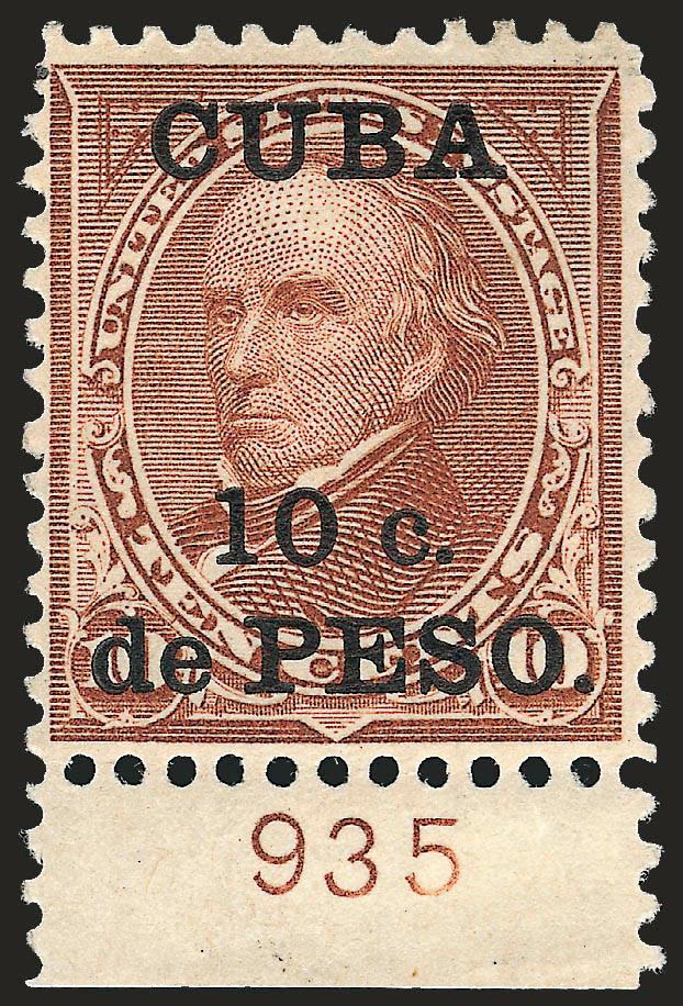 1900, 10c on 10c Brown, Ty. II (226A).> With <plate no. 935> at bottom, h.r., bright color<><>^VERY FINE. A RARE AND DESIRABLE PLATE NUMBER SINGLE OF THE CUBA 10-CENT TYPE II ISSUE, WHICH ONLY EXISTS AS A
SPECIAL PRINTING.^<><>In March 1900 one p