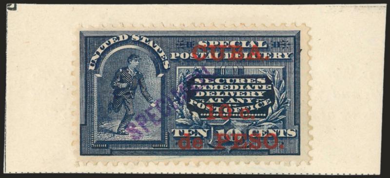 1899, 10c Special Delivery, Natal UPU Overseas Specimen Ovpts. (E1S-E2S).> Each on small pieces of paper from the post office archives of Natal, the purple block letter ovpts. applied upon receipt from the UPU,
Fine-Very Fine,scarce, with 1981 B.P.