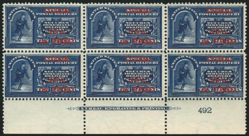 1899, 10c on 10c Blue, Special Delivery (E1).> Mint N.H. bottom imprint and plate no. 492 block of six, deep rich color and proof-like impression on bright paper, top left stamp tiny bend at top
right<><>^FINE-VERY FINE. A SCARCE MINT NEVER-HINGED